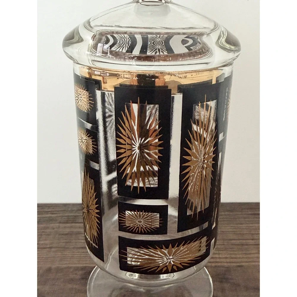 Vintage MCM Jeannette Glass Atomic Starburst Lidded Apothecary Jar Black Gold